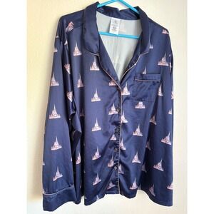 Disney 50th Anniversary Castle Pajama Top Women's 3X Navy Satin Long Sleeve